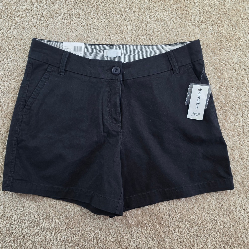 Crown & Ivy Shorts Caroline Black Stretch Twill Classic Fit 5" Inseam Size 8